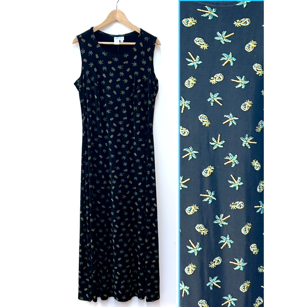 Vintage Coldwater Creek Tropical Palm Tree Maxi Dress Slinky Acetate XL Black